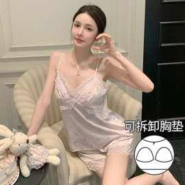 实拍夏季新款性感蝴蝶结冰雪丝绸睡衣女吊带短裤带胸垫纯欲家居服