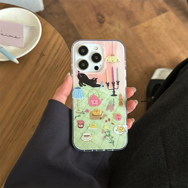 Pintura al óleo ilustración de gato a la luz de las velas para iphone15 funda para teléfono móvil 16ProMax dibujos animados 13 Apple 14 hembra 15PM