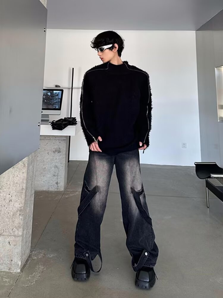 Men's Clothing street zipper sweater brand high street casual deconstruction design loose round neck knitted sweater trend_voghion.com