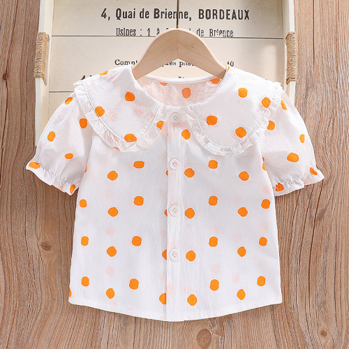 Girls short-sleeved shirts children's bottoming shirts children's shirts 2024 summer new style doll lapel tops for small and medium-sized children