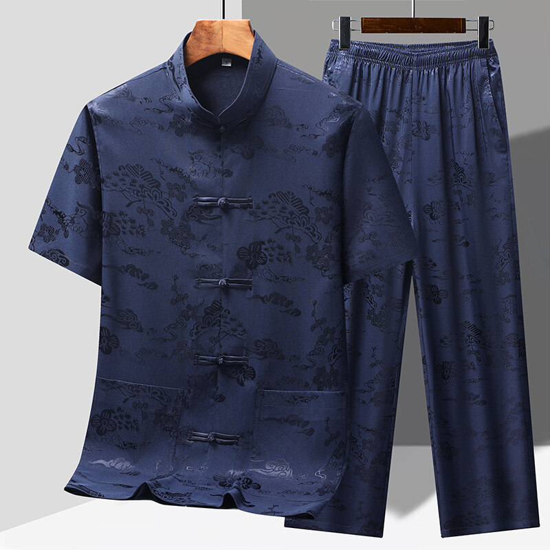 Tang Suit Men's Middle-Aged and Elderly Dad Summer Suit Elderly Grandpa Chinese Style Short-Sleeved Clothes 60-70 Years Old Summer Style