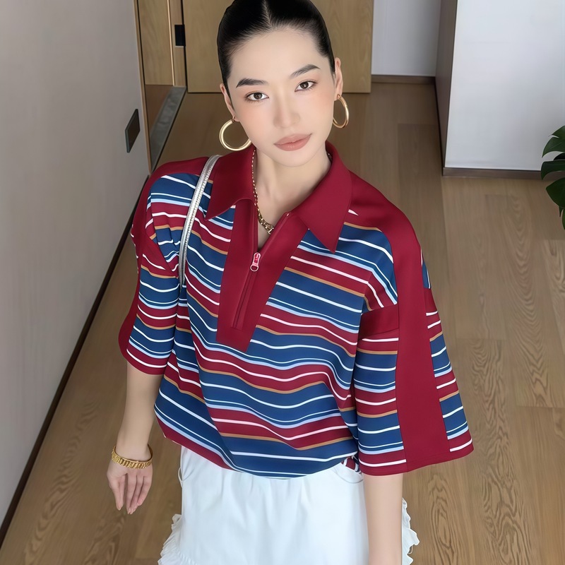 美式复古polo领正肩短袖t恤女款2025新款夏季慵懒风宽松休闲上衣|undefined