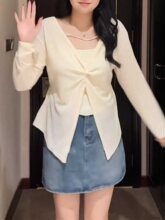 大码设计感长袖T恤吊带两件套女夏季胖mm显瘦遮肉套装防晒衫上衣