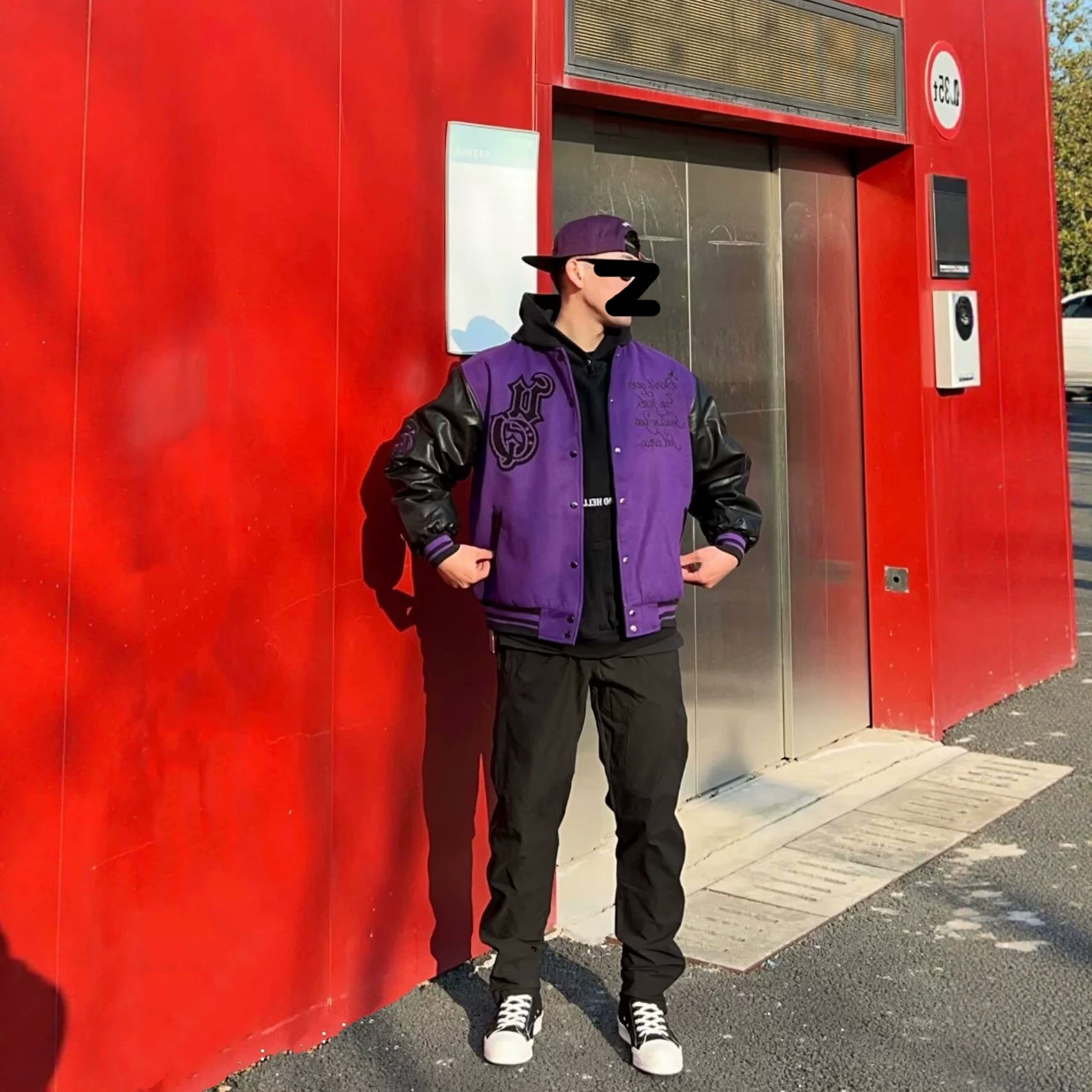 美式复古黑紫拼接刺绣棒球服男女款春秋休闲宽松潮牌同款夹克紫色