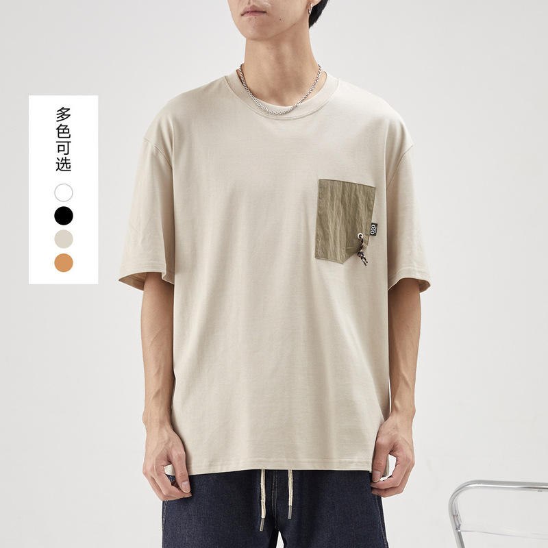 Men's Urban Boyfriend Style T-Shirt Cotton Short-Sleeved T-Shirt 2024 Summer New Decorative Patch Round Neck T-Shirt for Men