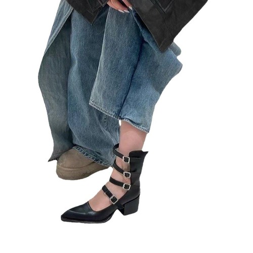 [Youshilei] Roman-Style Buckle Pointed-Toe Mid-Calf Cool Boots for Women | Summer Style Cutout Design with Leather Belt Buckle Single-Layer Shoes
