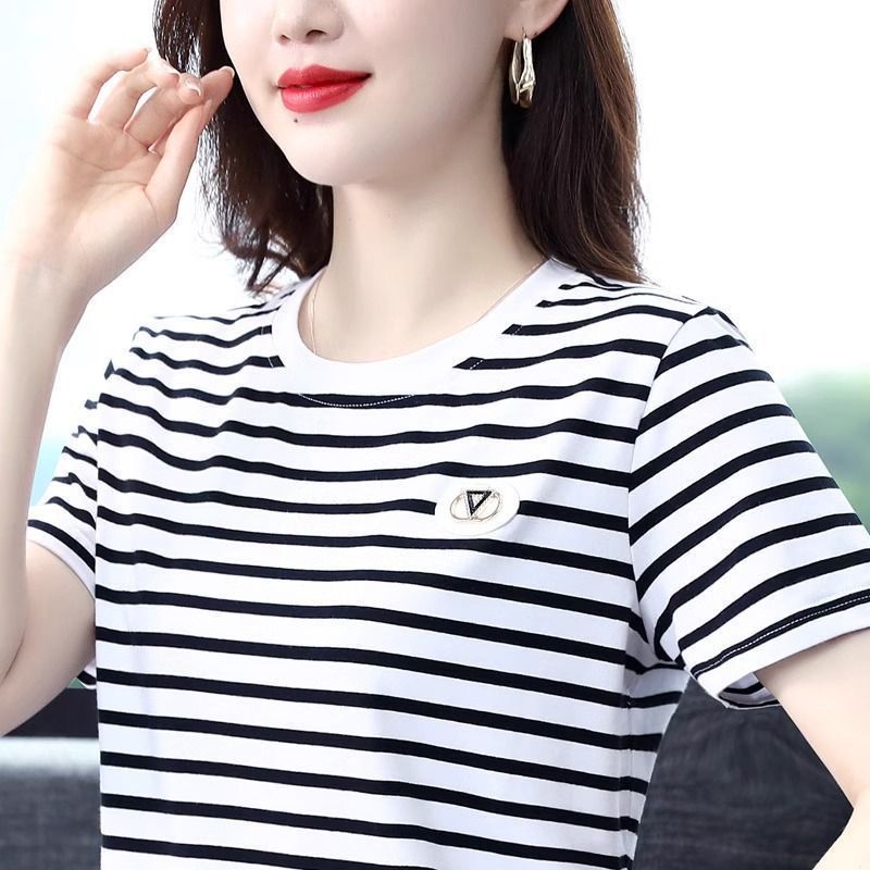 Mom's Round Neck Women's Short-Sleeved T-Shirt Pure Cotton 2026 Summer New Casual Korean Style Slimming Look Stripesd Top T-Shirt