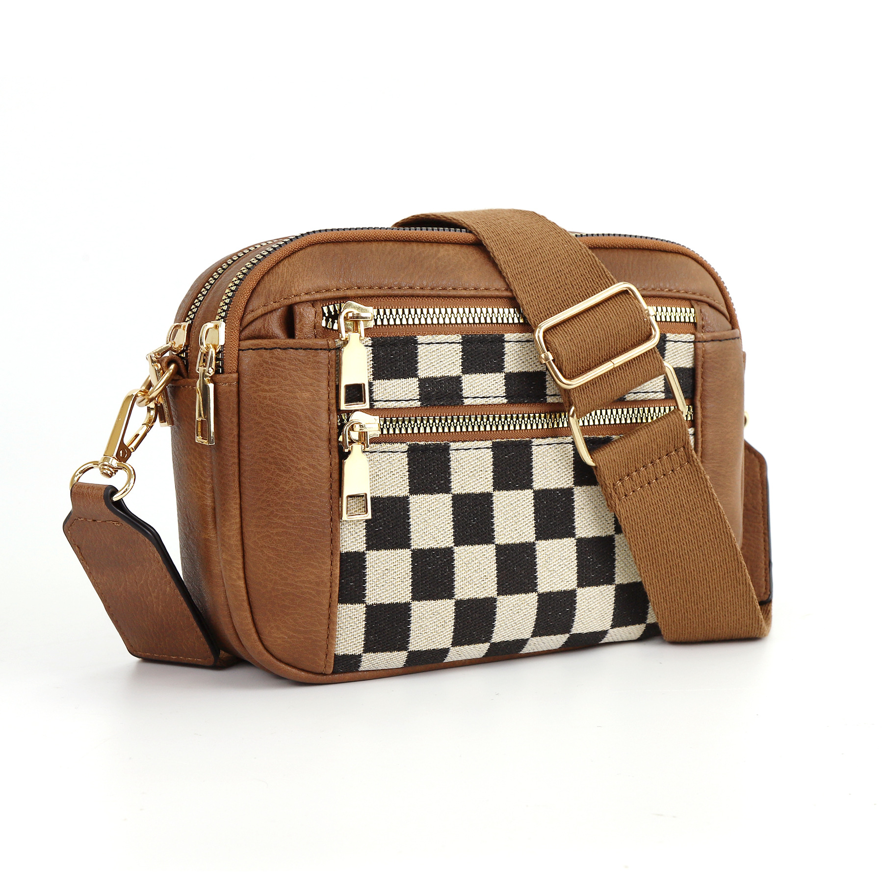 En stock Amazon Venta caliente acolchado bordado Plaid color a juego retro hombro bolsa cremallera hombro Correa mensajero bolsa cartera pequeña bolsa cuadrada