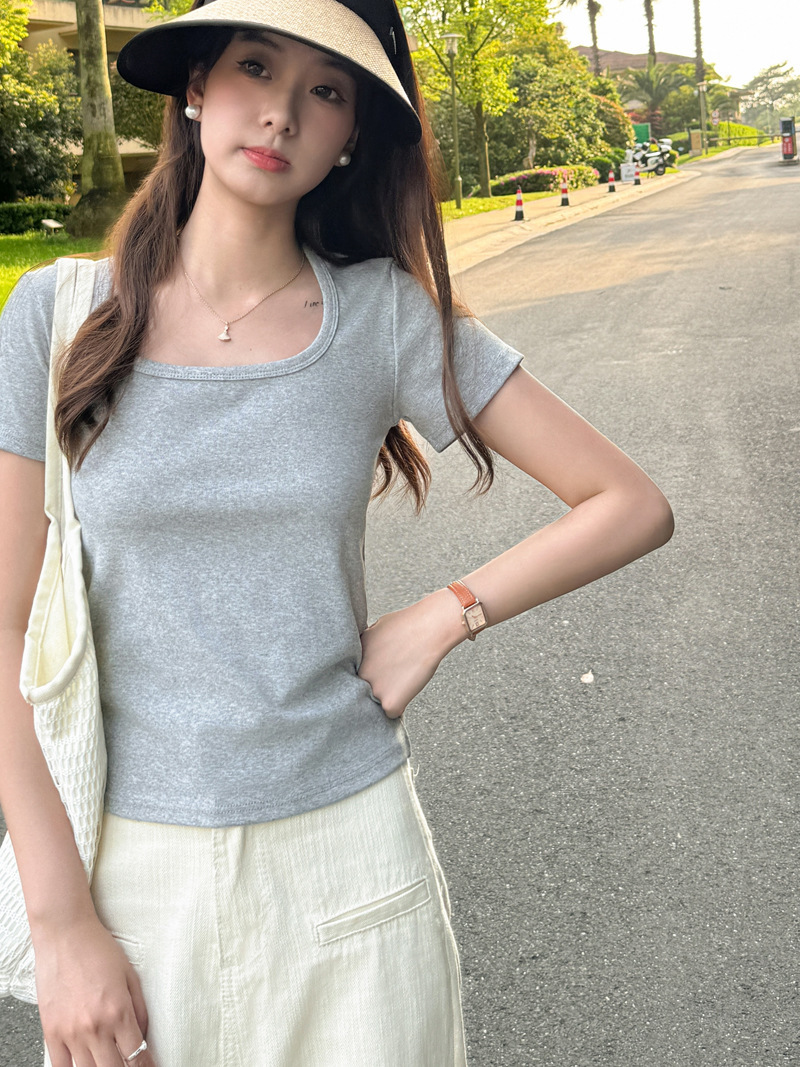 Q 엄선된 스퀘어넥 오른쪽 어깨 반팔 티셔츠 여성 봄 여름 디자인 한국 동대문 베이스 셔츠