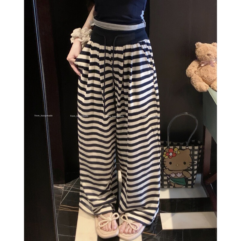 藏青条纹休闲运动裤子女2025秋季新品高腰宽松显瘦垂感阔腿裤ins|undefined