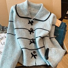 价～秋冬蓬松肌理感娃娃领针织衫高级感条纹开衫毛衣外套
