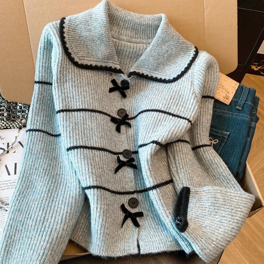 价～秋冬蓬松肌理感娃娃领针织衫高级感条纹开衫毛衣外套