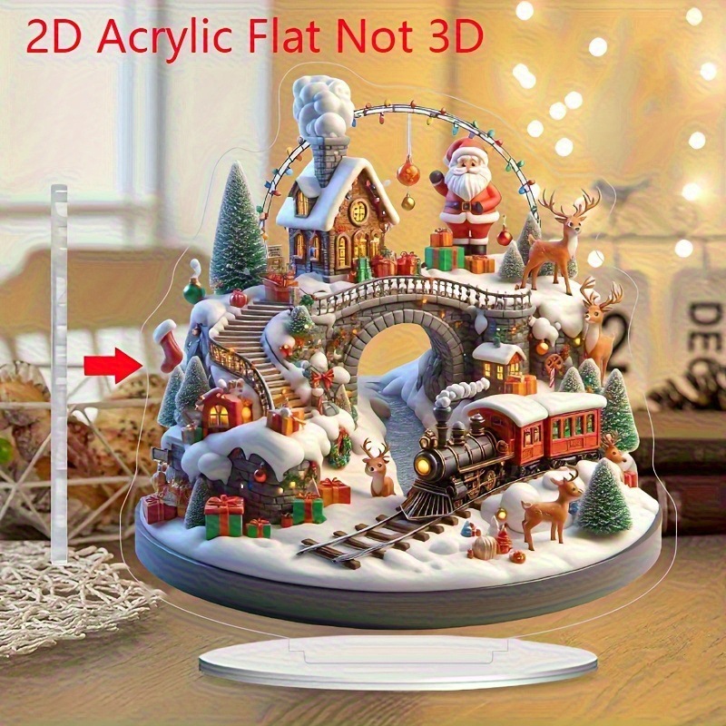 2D平面圣诞餐桌摆件雪村复古火车驯鹿节日家居办公室装饰品