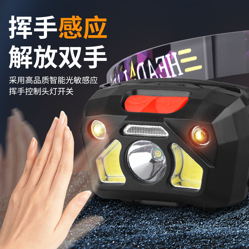 Linterna frontal de pesca con sensor multifuncional Cob con batería de larga duración, luz potente, ultrabrillante, iluminación montada en la cabeza para pesca marítima, carga USB