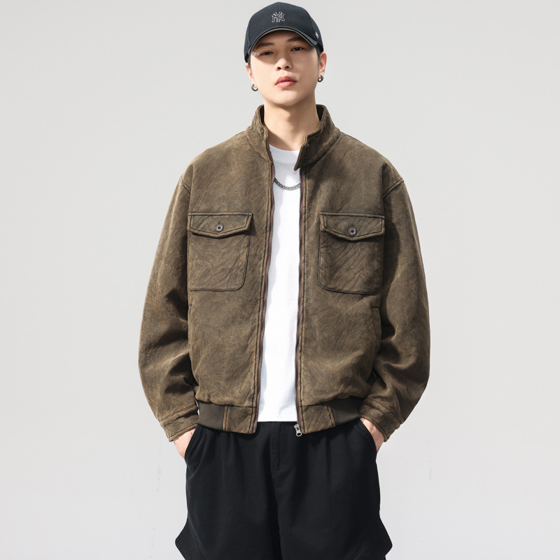 High-End Zebra Pattern Washed Waxed Leather Work Jacket Men's Loose Autumn and Winter New American Retro Stand-Up Collar Jacket