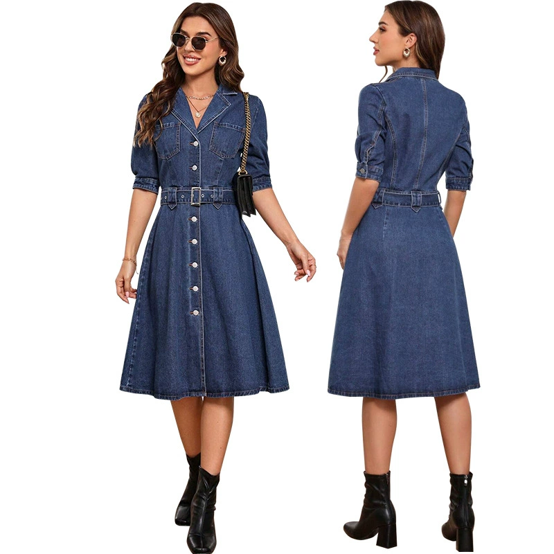 218669 Трансграничная женская новая джинсовая талия, облегающее тонкое платье с короткими рукавами, источник фабрики прямых продаж