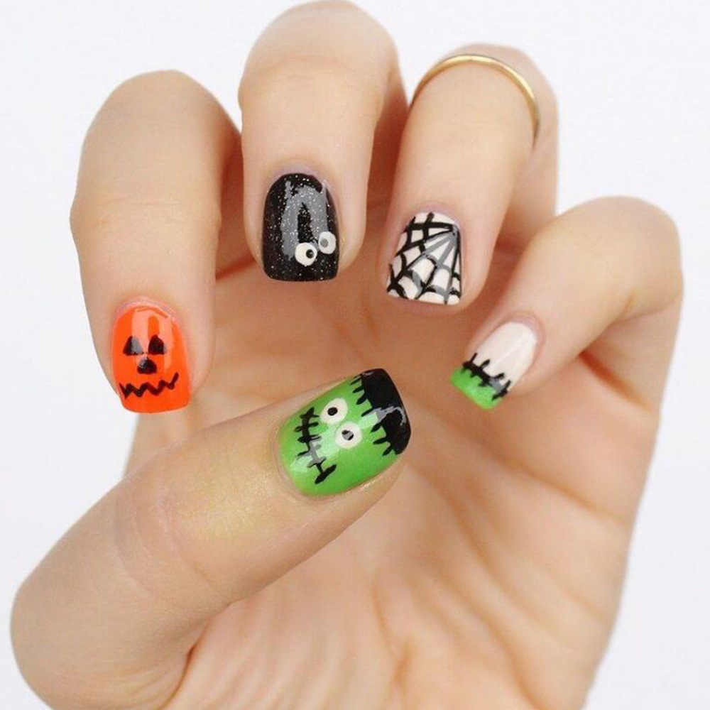 Uñas postizas de Halloween, muy vendidas en el extranjero, parches de uñas cortas de dibujos animados coloridos, dulces, geniales, divertidas y lindas, uñas para usar.
