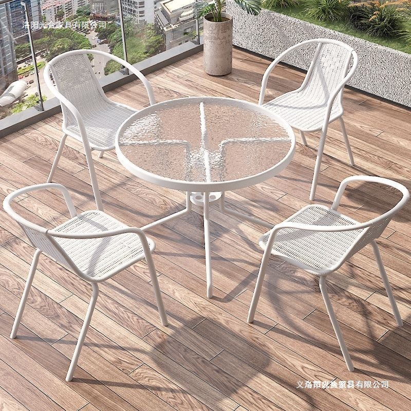 Mesa y silla de balcón de tres piezas, mesas de té casuales, combinación de vidrio blanco plegable, una mesa y dos sillas, mesas de té pequeñas