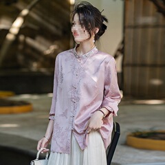 酸醋缎面上衣女长袖提花新中式国风衬衫对襟立领刺绣气质女士衬衣
