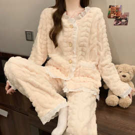 珊瑚绒睡衣女秋冬新款韩版甜美小香风冬天加绒加厚保暖家居服套装
