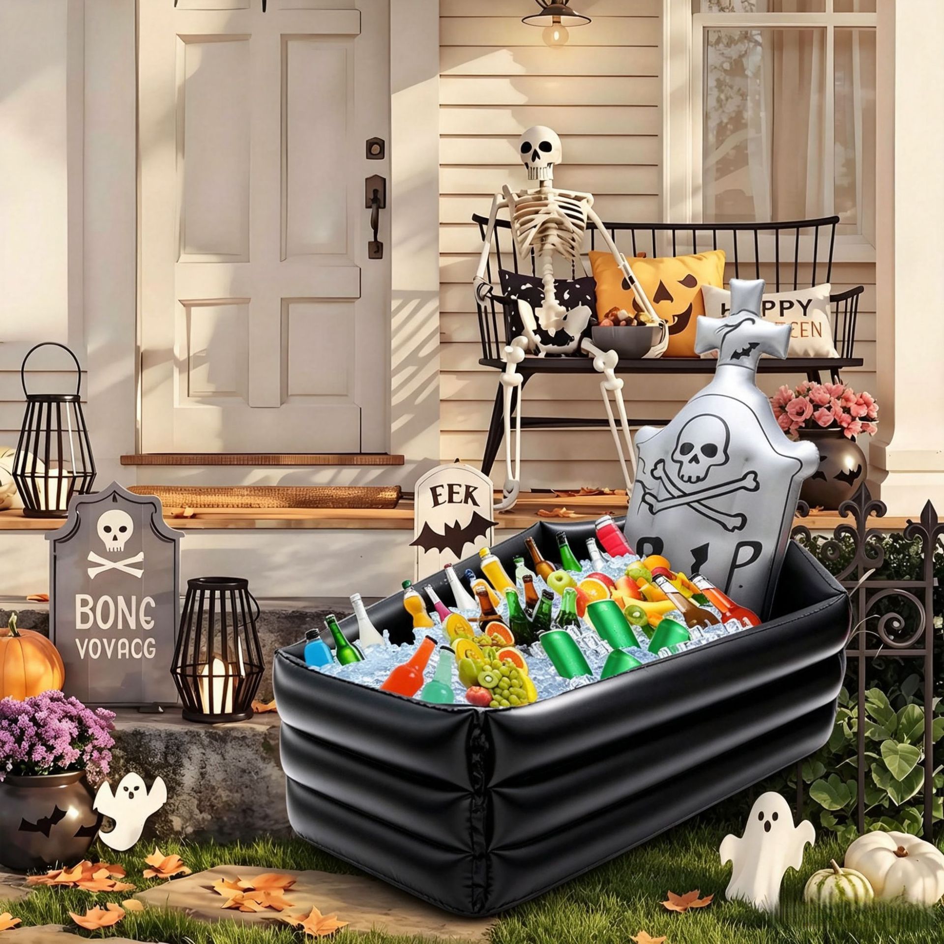 Cross-border creative inflatable Halloween tombstone ice bar decoration, skull ice bucket coffin party props and scene decorations