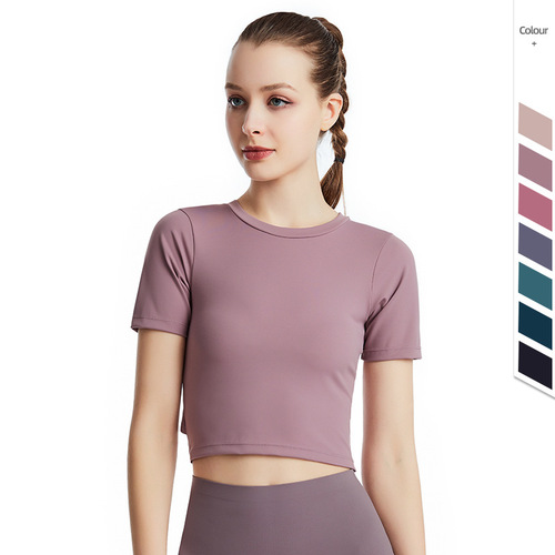 European and American new lulu nude sports short-sleeved T-shirt for women, stretch thin cross backless yoga fitness top