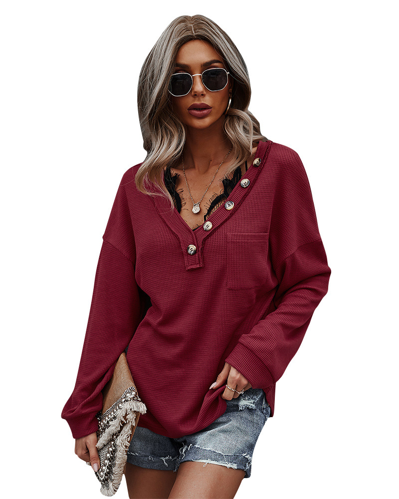 women s V-neck solid color knitted top long-sleeved sweatshirt nihaostyles clothing wholesale NSDY73979