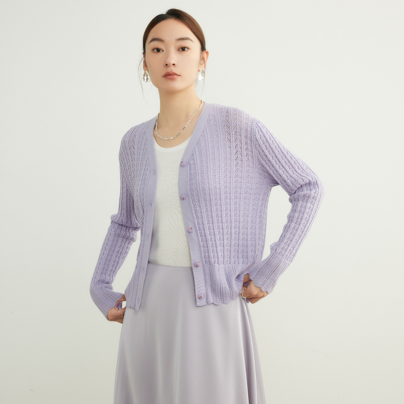 Basulan Wool Knitted Cardigan Women's 26 Early Spring New Style High-End Cut Out V-Neck Sweater Long-Sleeved Short Jacket