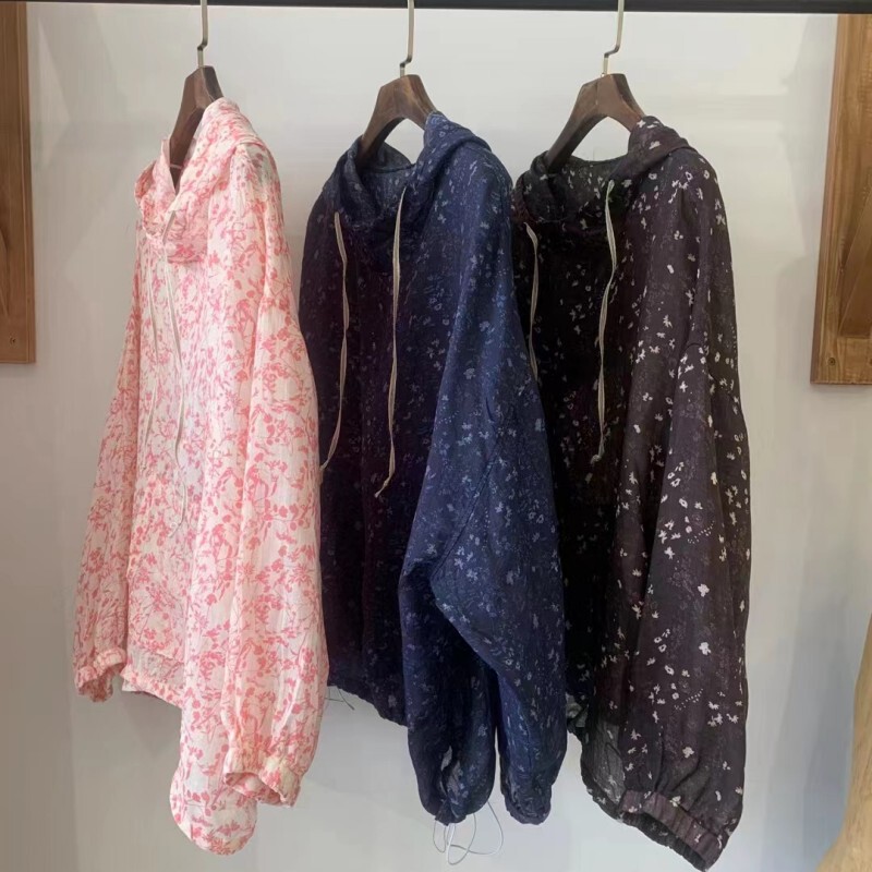 Vintage Artistic Floral Ramie Sunscreen Top Women's Summer New Drawstring Hem Hooded Lace Pullover Shirt Women