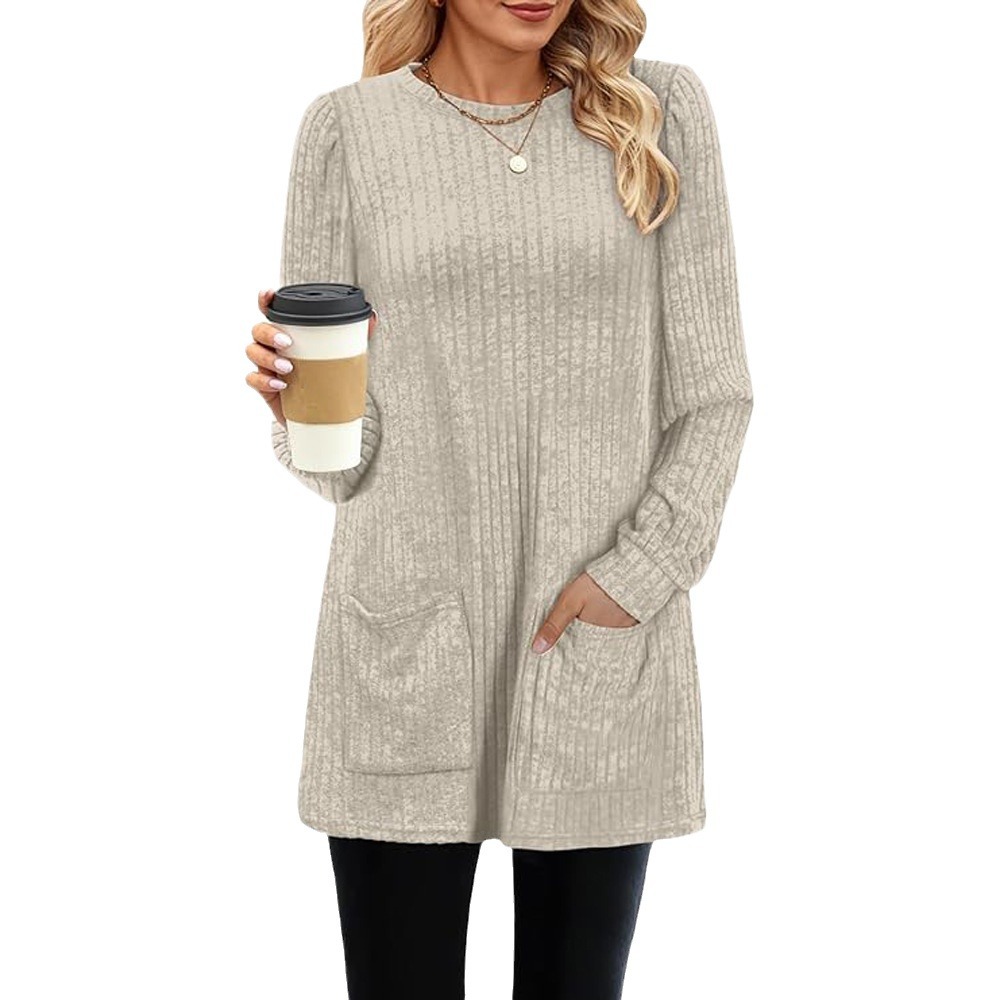 2023 transfronteriza europea y americana de otoño e invierno nueva oferta de mediados de longitud suéter cuello redondo pit color sólido bolsillo Camisa larga para las mujeres