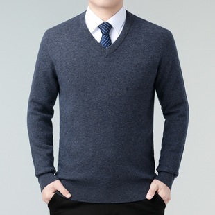 2025 Winter New Men's Full Cashmere Sweater Business Casual Middle-Aged Men's V-Neck Thickened Warm Sweater