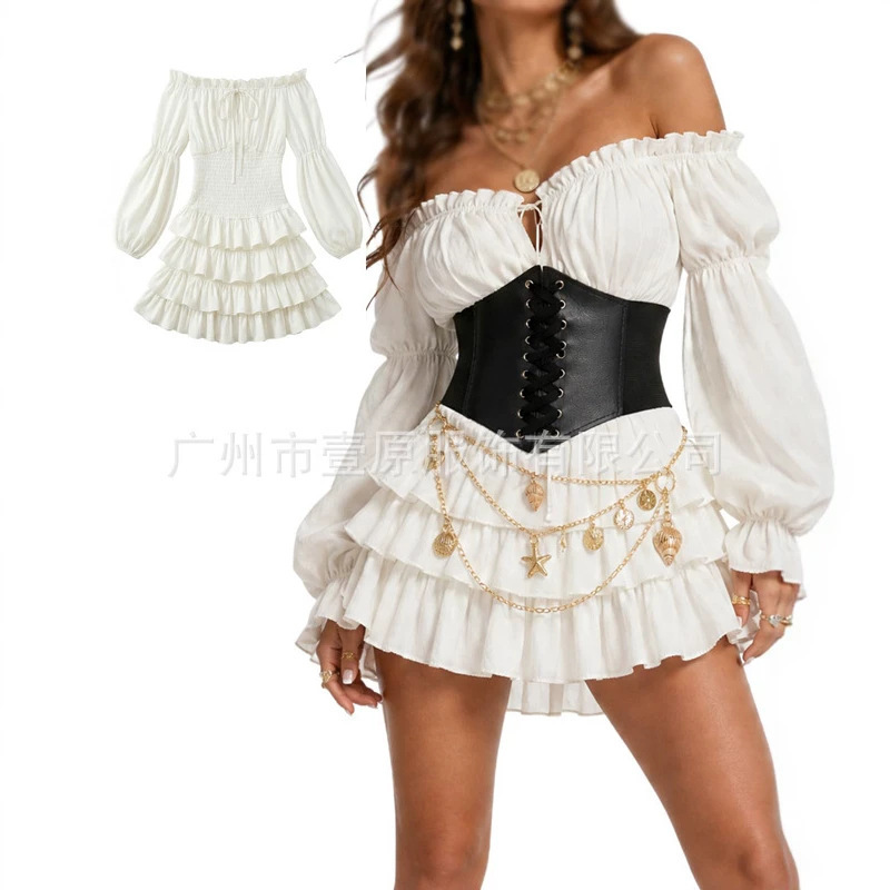 Cross-Border Halloween Pirate Role-Playing 2026 Amazon New White Long-Sleeved Elastic Waist Multi-Layer Dress Cross-Border Halloween Pirate Role-Playing 2026 Amazon New White Long-Sleeved Elastic Waist Multi-Layer Dress