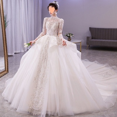 主婚纱2022新款新娘蓬蓬裙大拖尾显瘦公主婚纱长袖重工宫廷高级感