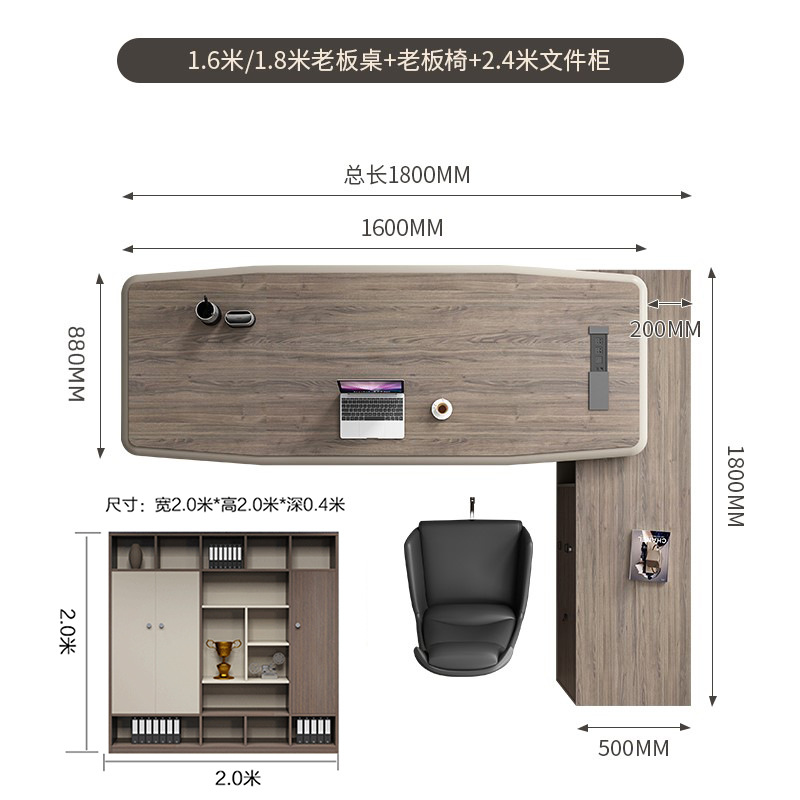 1,8 m Mesa Jefe + silla Boss + librería de 5 puertas