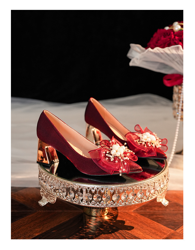 6222A-008 Chunky Heel Pointed Toe Satin Appliqué High Heels For Banquet Wedding Bridesmaid Shoes Comfortable Versatile_voghion.com