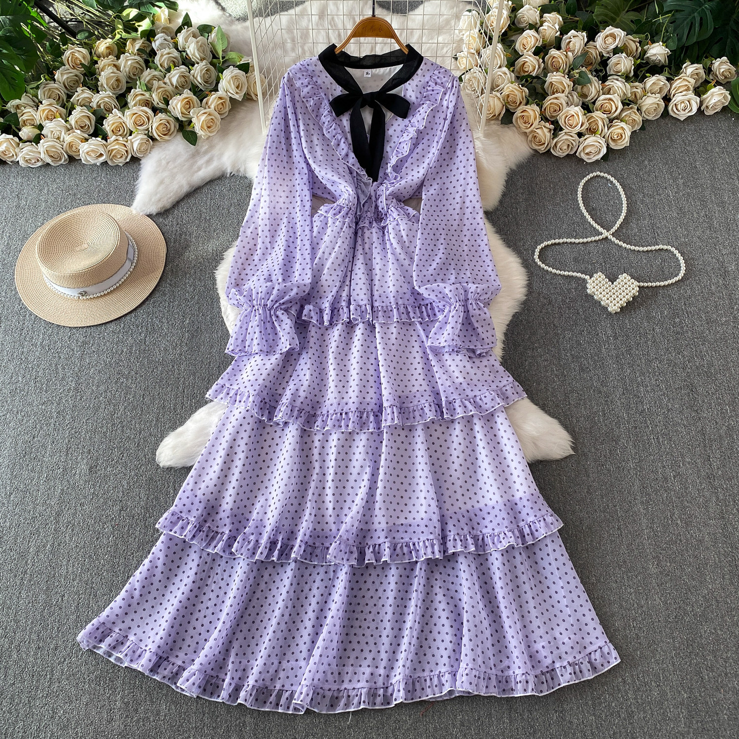 Women's French Sweet Color Block Bow V Neck Long Sleeve Dress Summer Polka Dot Ruffle Hem Elegant Long Skirt_ecoleips.com