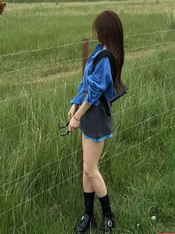 米娜家草原娜日太泡菜衬衫+披肩＋灰色蓝边西装半裙套装|undefined
