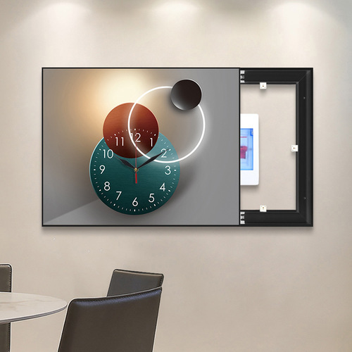 Modern light luxury electrical panel decoration with clock, no drilling electrical box wall clock, concealing living room distribution box painting