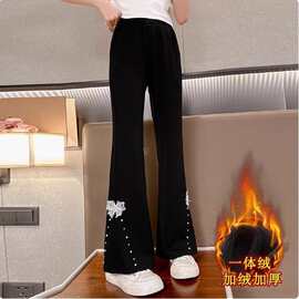 女童裤子秋冬微喇叭裤2025新款儿童黑色加绒喇叭裤大童针织弹力裤