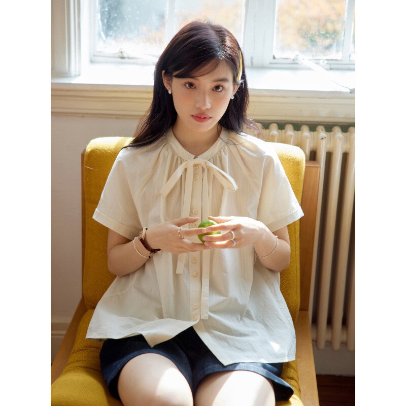 Nov elist Yellow Shirt Women's Summer New French Round Neck Bow Raglan Sleeve Shirt Top Nov elist Yellow Shirt Women's Summer New French Round Neck Bow Raglan Sleeve Shirt Top
