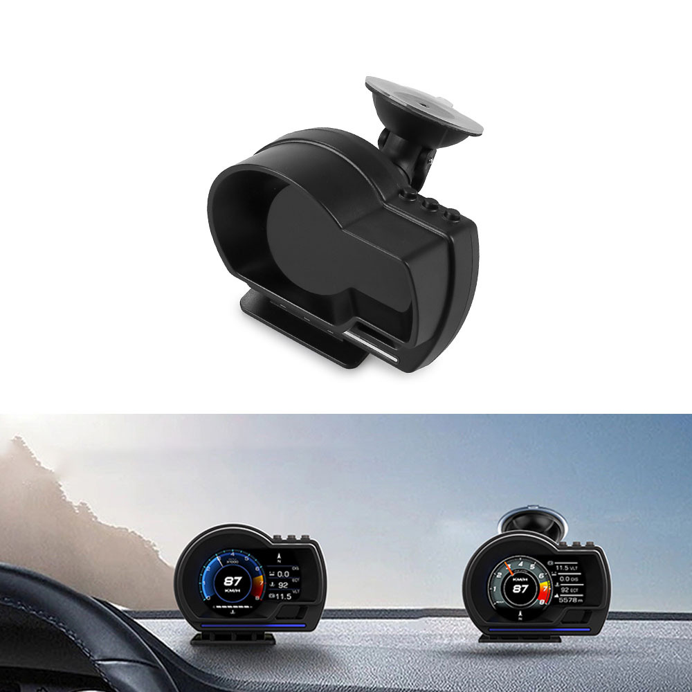 Full LCD screen OBD2 multi-function head-up display with water temperature, exhaust temperature, turbo intake speed, oil temperature, speedometer, and GPS