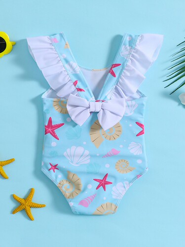 Cross-border foreign trade for children, girls and babies, starfish shell printing, lotus leaf bow swimsuit