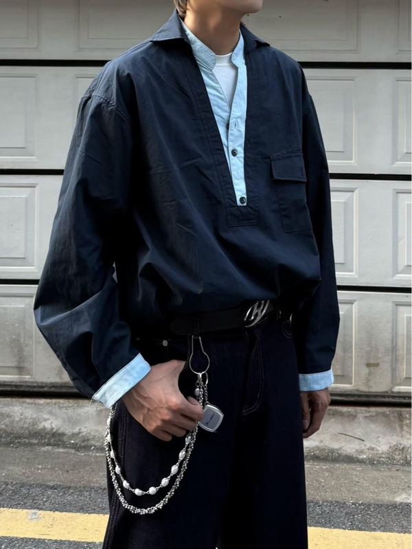 韩式春秋季新款老钱风深V领撞色宽松休闲衬衫假两件中性风男上衣|undefined