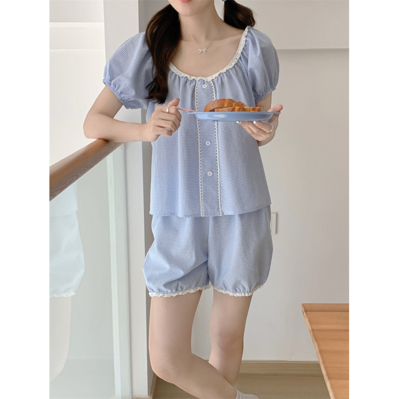 Real Shot of 2025 New Summer Korean Style Plaid Simple Lace Suit Casual Loose Nightgown That Can Be Worn Outside Wholesale Real Shot of 2025 New Summer Korean Style Plaid Simple Lace Suit Casual Loose Nightgown That Can Be Worn Outside Wholesale