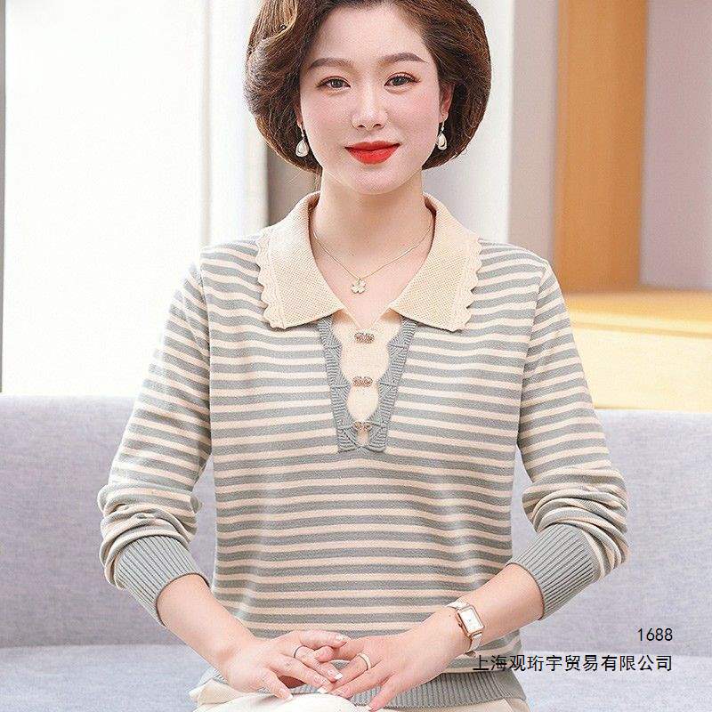 妈妈春秋翻领长袖T恤宽松大码女装2026中老年人休闲条纹针织打底