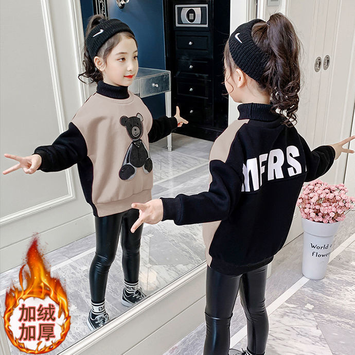 Women's Autumn/Winter New Fleece-lined Thick Sweatshirt 2022 Trendy and Stylish for Older Children and Girls High Neck Base Layer Top