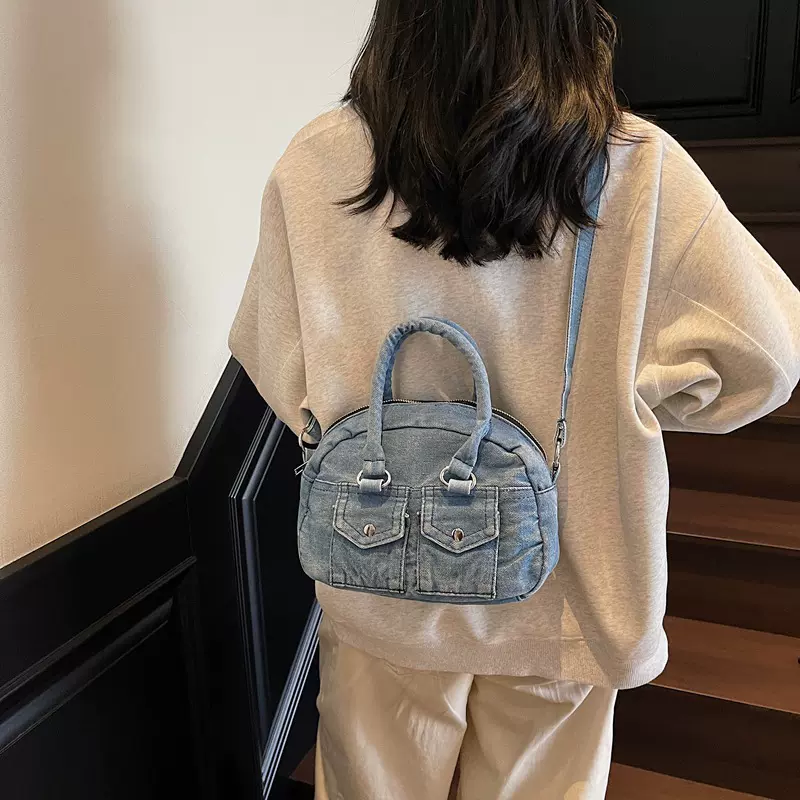 小众设计大容量辣妹休闲复古高级感水洗牛仔背包多口袋单肩斜跨包