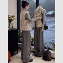 2025秋装一整套森系穿搭高级感小香风毛绒马夹灰色阔腿裤套装女潮