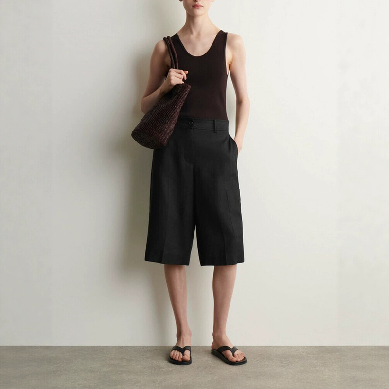 Cos Same Style Black Linen Wide-Leg Five-Point Shorts for Women, Size 26, Summer Mid-Waist Slimming Workwear Style Casual Suit Shorts Cos Same Style Black Linen Wide-Leg Five-Point Shorts for Women, Size 26, Summer Mid-Waist Slimming Workwear Style Casual Suit Shorts