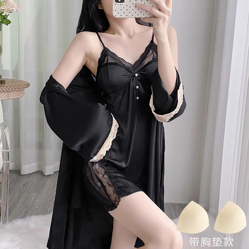 2025 New Sling Nightgown Women's Spring and Autumn Pure Ice Ribbon Chest Pad Backless Sexy Lace Pajamas suit Summer